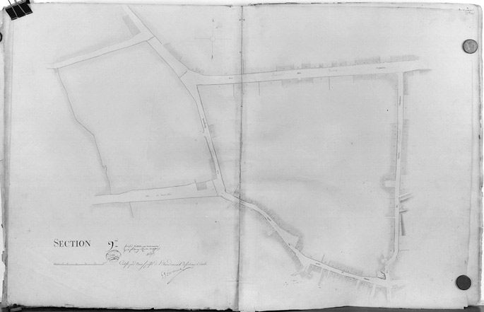 'Plan d'alignement de la ville de Fontenay-le-Comte, terminé en février 1826 sous l'administration de Mr de Vassé, Maire, par le Sr R.Gosse, conducteur des Ponts et Chaussées'. Section 9ème au 1/500e.