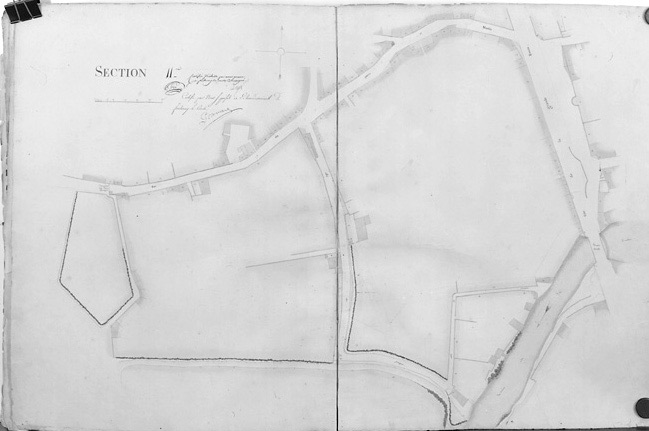 'Plan d'alignement de la ville de Fontenay-le-Comte, terminé en février 1826 sous l'administration de Mr de Vassé, Maire, par le Sr R.Gosse, conducteur des Ponts et Chaussées'. Section 11ème au 1/500e.