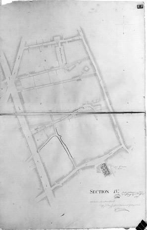 'Plan d'alignement de la ville de Fontenay-le-Comte, terminé en février 1826 sous l'administration de Mr de Vassé, Maire, par le Sr R.Gosse, conducteur des Ponts et Chaussées'. Section 13ème au 1/500e.