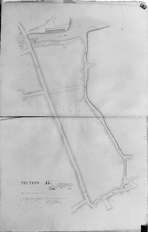 'Plan d'alignement de la ville de Fontenay-le-Comte, terminé en février 1826 sous l'administration de Mr de Vassé, Maire, par le Sr R.Gosse, conducteur des Ponts et Chaussées'. Section 14ème au 1/500e.