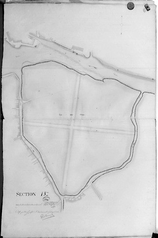 'Plan d'alignement de la ville de Fontenay-le-Comte, terminé en février 1826 sous l'administration de Mr de Vassé, Maire, par le Sr R.Gosse, conducteur des Ponts et Chaussées'. Section 15ème au 1/500e.