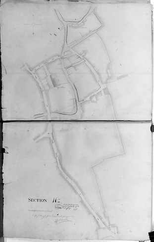 'Plan d'alignement de la ville de Fontenay-le-Comte, terminé en février 1826 sous l'administration de Mr de Vassé, Maire, par le Sr R.Gosse, conducteur des Ponts et Chaussées'. Section 16ème au 1/500e.