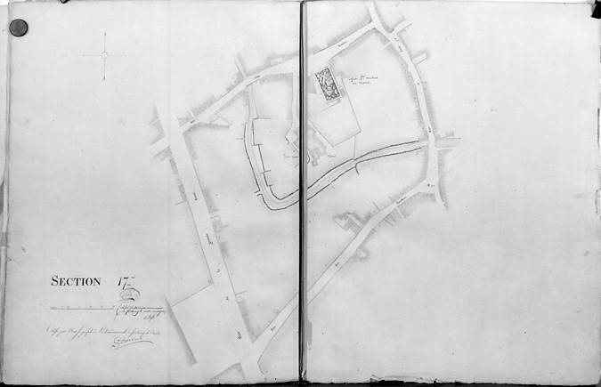 'Plan d'alignement de la ville de Fontenay-le-Comte, terminé en février 1826 sous l'administration de Mr de Vassé, Maire, par le Sr R.Gosse, conducteur des Ponts et Chaussées'. Section 17ème au 1/500e.