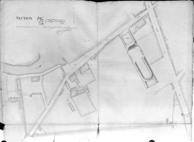 'Plan d'alignement de la ville de Fontenay-le-Comte, terminé en février 1826 sous l'administration de Mr de Vassé, Maire, par le Sr R.Gosse, conducteur des Ponts et Chaussées'. Section 19ème au 1/500e.