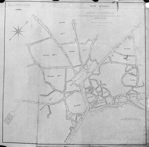 Plan d'alignement de la ville par Bouffier, en 1889. Tableau d'assemblage des sections 11 à 20, au 1/2000e.