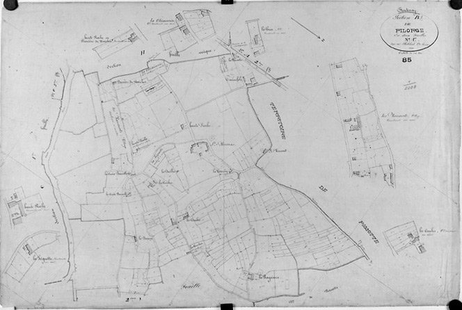 'Plan cadastral parcellaire de la commune de Fontenay', 1843. Section B de Pilorge, feuille n°1 au 1/2000e. (Versé par le Service du Cadastre aux AD Vendée).