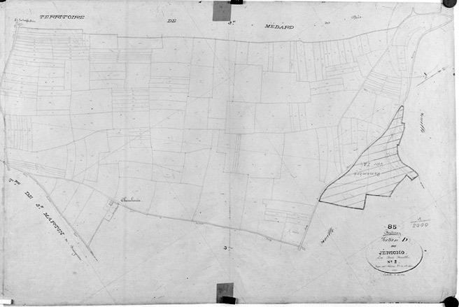 'Plan cadastral parcellaire de la commune de Fontenay', 1843. Section D de Jéricho, feuille n°2 au 1/2000e. (Versé par le Service du Cadastre aux AD Vendée).