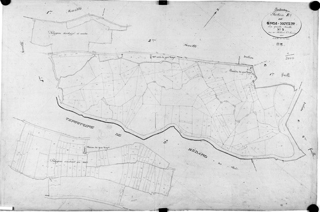 'Plan cadastral parcellaire de la commune de Fontenay', 1843. Section E du Gros-Noyer, feuille n°3 au 1/2000e. (Versé par le Service du Cadastre aux AD Vendée).