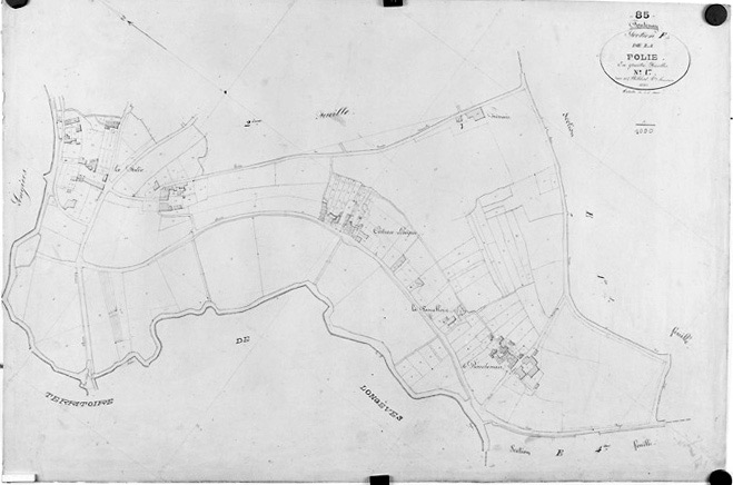 'Plan cadastral parcellaire de la commune de Fontenay', 1843. Section F de la Folie, feuille n°1 au 1/1000e. (Versé par le Service du Cadastre aux AD Vendée).