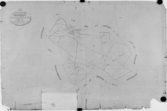 Commune de Charzais, rattachée à la commune de Fontenay-le-Comte en 1967. Plan cadastral de 1843, tableau d'assemblage au 1/10000e. (Versé par le Service du Cadastre aux AD Vendée).