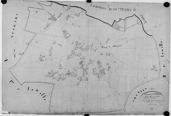 Commune de Charzais, rattachée à la commune de Fontenay-le-Comte en 1967. Plan cadastral de 1843, section A dite du Bourg, 2ème feuille au 1/1000e. (Versé par le Service du Cadastre aux AD Vendée).