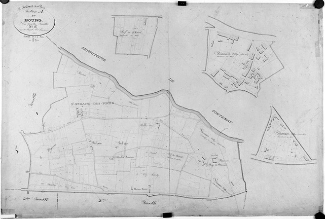 Commune de Saint-Médard-des-Prés, rattachée à la commune de Fontenay-le-Comte en 1972. Plan cadastral de 1843, section A du Bourg, feuille n°1 au 1/2000e. (Versé par le Service du Cadastre aux AD Vendée).