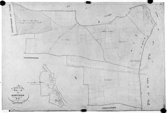 Commune de Saint-Médard-des-Prés, rattachée à la commune de Fontenay-le-Comte en 1972. Plan cadastral de 1843, section B du Martrais, feuille n°2 au 1/2000e. (Versé par le Service du Cadastre aux AD Vendée).