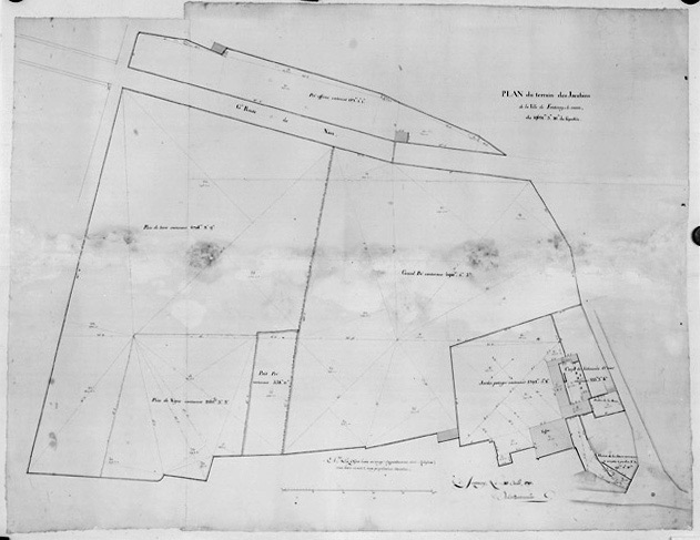 'Plan du terrain des Jacobins de la ville de Fontenay-le-Comte...', environ au 1/400e, signé et daté de la Bretonnière, le 10 avril 1790. (Musée Vendéen, Fontenay-le-Comte).