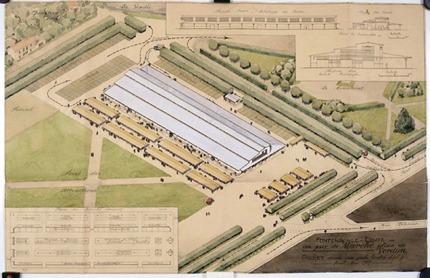 Projet de marché couvert, place de Verdun. Dessin à la gouache et à la plume, au 1/200e, signé et daté Emile Boutin, architecte, avril-mai 1957.