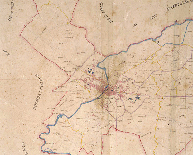 'Plan cadastral parcellaire de la Commune de Fontenay', 1843. Détail du tableau d'assemblage au 1/10000e. (Versé par le Service du Cadastre aux AD Vendée).