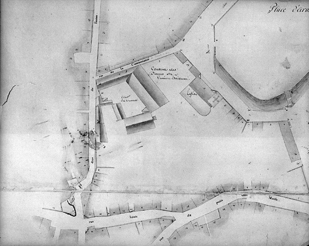 Plan du couvent en 1826. Détail de la 4ème section, au 1/500e du 'Plan d'alignement de la ville...', par R.Gosse. (Mairie de Fontenay-le-Comte, Services Techniques).