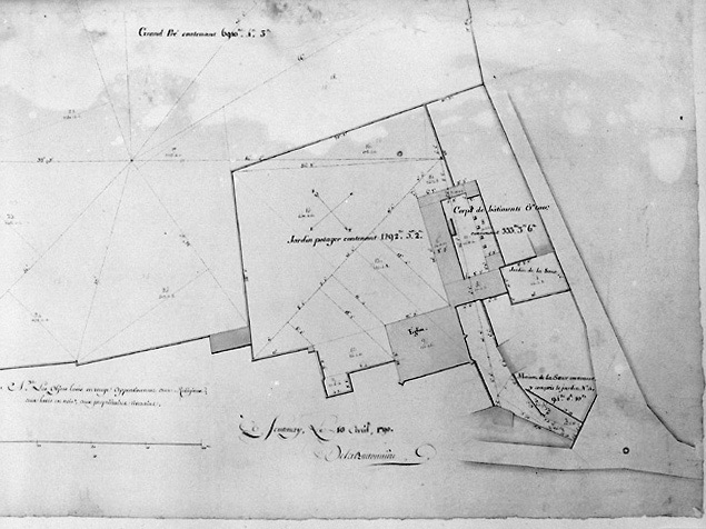 Détail du 'Plan du terrain des Jacobins de la ville de Fontenay-le-Comte...', environ au 1/400e, signé et daté de la Bretonnière, le 10 avril 1790. (Musée Vendéen, Fontenay-le-Comte).