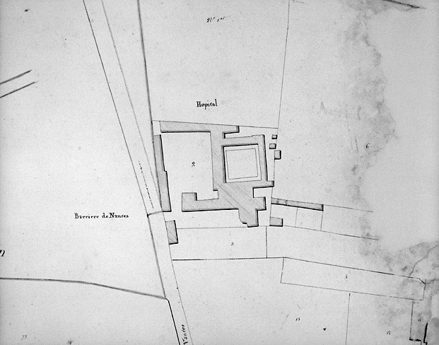 Plan des bâtiments en 1812. Détail du 'Plan parcellaire de la commune de Fontenay', section E de Notre-Dame, au 1/1250e. (Musée Vendéen, Fontenay-le-Comte).