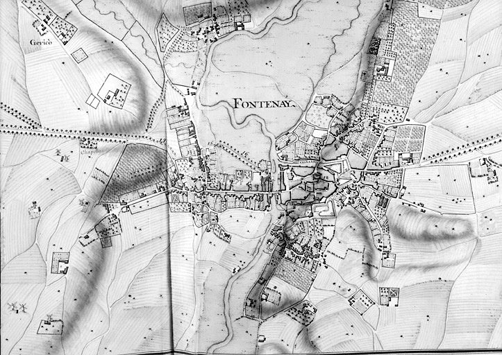 Plan de la ville extrait de la 'Route de de Poitiers aux Sables d'Olonne partant de Niort passant par Fontenay le Comte Luçon et Tallemont', non daté [vers 1750]; environ au 1/9000e (A.N. F 14bis 8494, feuille 40).