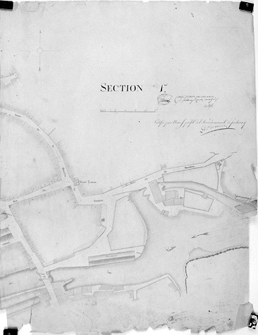 'Plan d'alignement de la ville de Fontenay-le-Comte, terminé en février 1826 sous l'administration de Mr de Vassé, maire, par le Sr R. Gosse, conducteur des Ponts et Chaussées'. Partie droite de la section 1ère au 1/500e. (Mairie de Fontenay-le-Comte, Services Techniques).