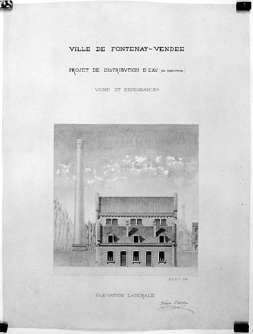 Usine et dépendances : élévation latérale au 1/100e, signée Arsène Charier, s.d., [1868].