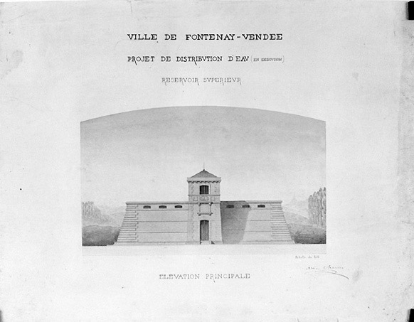 Réservoir supérieur. Elévation principale au 1/100e, signée Arsène Charier, s.d. [1868].
