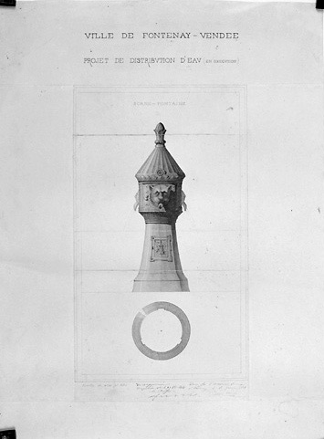 Borne-fontaine : plan et élévation au 1/50e, signé et daté Arsène Charier, le 26 janvier 1868. (Musée Vendéen, Fontenay-le-Comte).
