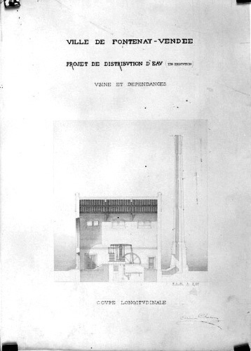 Usine et dépendances : coupe longitudinale au 1/100e, signée Arsène Charier, s.d. [1868].
