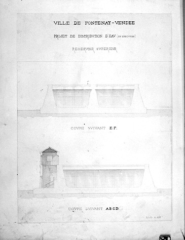 Réservoir supérieur. Coupes au 1/100e, n.s., n.d. [Arsène Charier, 1868].