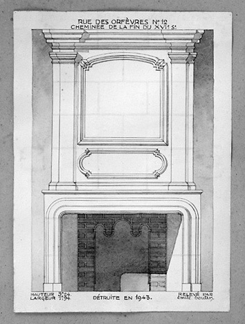 Relevé de la cheminée du 12, rue des Orfèvres, détruite en 1943. Dessin signé Emile Boutin. (Musée Vendéen, Fontenay-le-Comte).