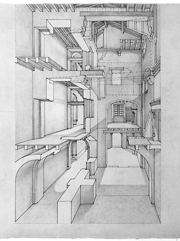 Projet de restauration partielle par Emile Boutin, architecte D.P.L.G., vers 1939 : écorché du logis antérieur, vu à partir de la rue Gaston-Guillemet.