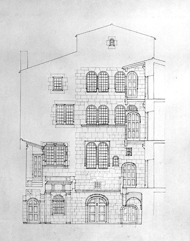 Projet de restauration partielle par Emile Boutin, architecte D.P.L.G., vers 1939 : élévation de la façade, sur cour intérieure, du logis antérieur.