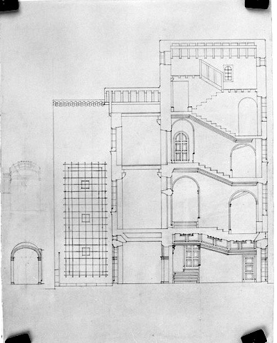 Projet de restauration partielle par Emile Boutin, architecte D.P.L.G., vers 1939 : coupe longitudinale du logis antérieur.