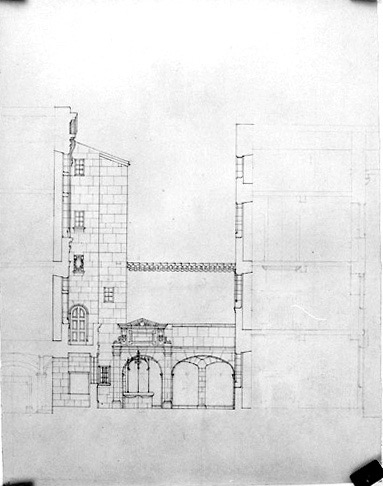 Projet de restauration partielle par Emile Boutin, architecte D.P.L.G., vers 1939 : élévation des construction au nord-est de la cour intérieure.