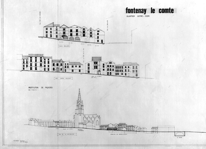 Elévation des façades nord de la place Belliard, de la rue Gaston-Guillemet, de la place du 137e R.I. et de la rue de la République, par Ch. Pierrot, n.d.