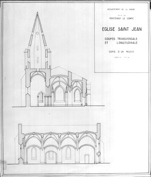 Coupes transversale et longitudinale au 1/100e, d'après les coupes au 1/400e dressées par H.Deverin en 1907 (cf. Doc. 07). (Service Départemental de l'Architecture, La Roche-sur-Yon).