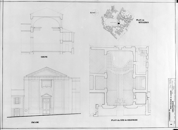 Plan, coupe et façade de la chapelle au 1/50e, par F.Chevallereau, le 18 mai 1978. (Service Départemental de l'Architecture, La Roche-sur-Yon).