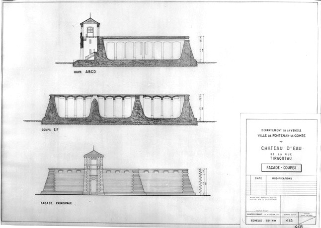 Façade et coupes, au 1/100e, du château d'eau de la rue Tiraqueau, par Maurice Richer, le 30 janvier 1968. (Service Départemental de l'Architecture, La Roche-sur-Yon).