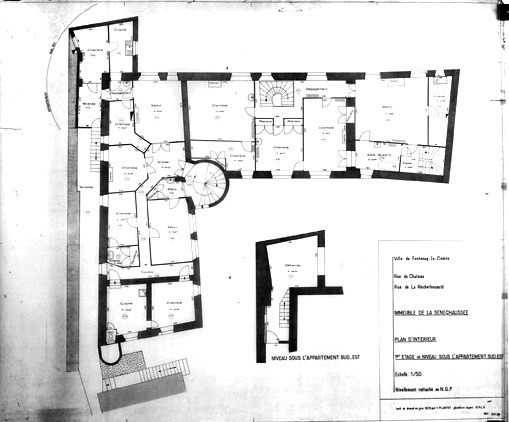 Plan du premier étage au 1/50e, par Y.Plantet, géomètre expert D.P.L.G., en juin 1979. (Service Départemental de l'Architecture, La Roche-sur-Yon).