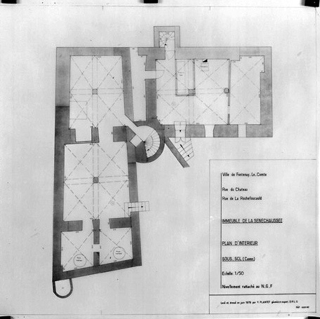 Plan du sous-sol au 1/50e, par Y.Plantet, géomètre expert, en juin 1979. (Service Départemental de l'Architecture, La Roche-sur-Yon).
