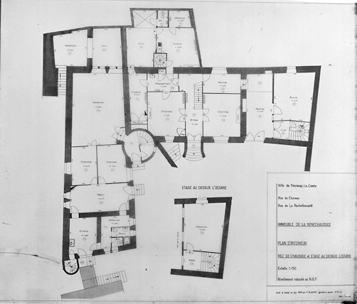 Plan du rez-de-chaussée au 1/50e, par Y.Plantet, géomètre expert D.P.L.G., en juin 1979. (Service Départemental de l'Architecture, La Roche-sur-Yon).