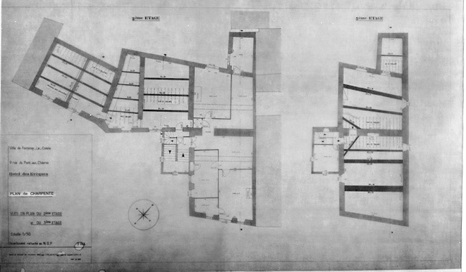 Plans du 2ème et du 3ème étage avec report des charpentes, au 1/50e, par Y. Plantet, géomètre expert DPLG, en octobre 1980.