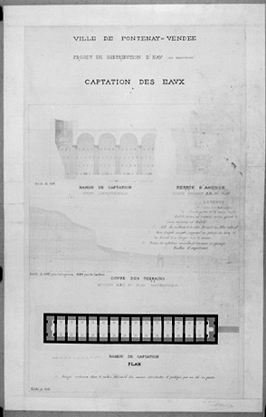 Captation des eaux. Plan et coupe du bassin de captation, coupe des terrains, signé A. Charier, s.d. [1868].