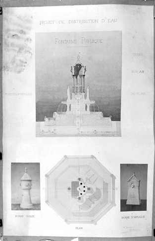 Fontaine publique : plan et coupe, borne isolée et borne d'applique, signé A. Charier, s.d. [1868].