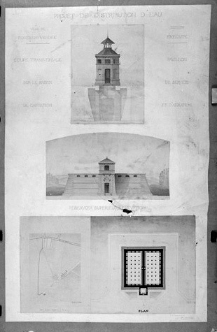 Plan et élévation du réservoir supérieur, coupe transversale sur le bassin de captation, signé A. Charier, n.d. [1868].