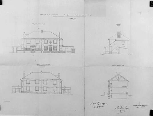 'Pavillon à 4 logements pour militaires de carrière', 100 et 100bis rue de la République et 19bis rue Kléber. Elévations et coupes au 1/100e, n.s., n.d. [Emile Boutin]. (Musée Vendéen, Fontenay-le-Comte).