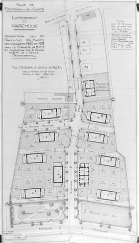 'Répartition des 10 pavillons militaires des programmes 1930 et 1931...', plan au 1/250e signé et daté E.Boutin, février 1932. (Musée Vendéen, Fontenay-le-Comte).