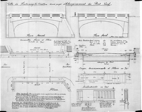 'Avant-projet d'élargissement du Pont-Neuf' : plans, coupes et élévations par Emile Boutin vers 1950. (Musée Vendéen, Fontenay-le-Comte).