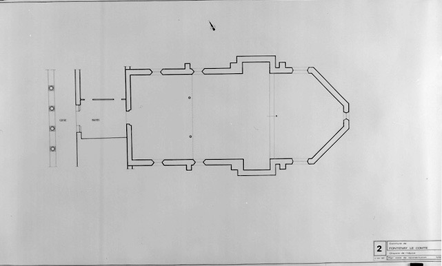 'Plan essai de reconstitution' de la chapelle, devant être déposée. Document au 1/50e dressé par H. Boudet, le 12 mai 1987.